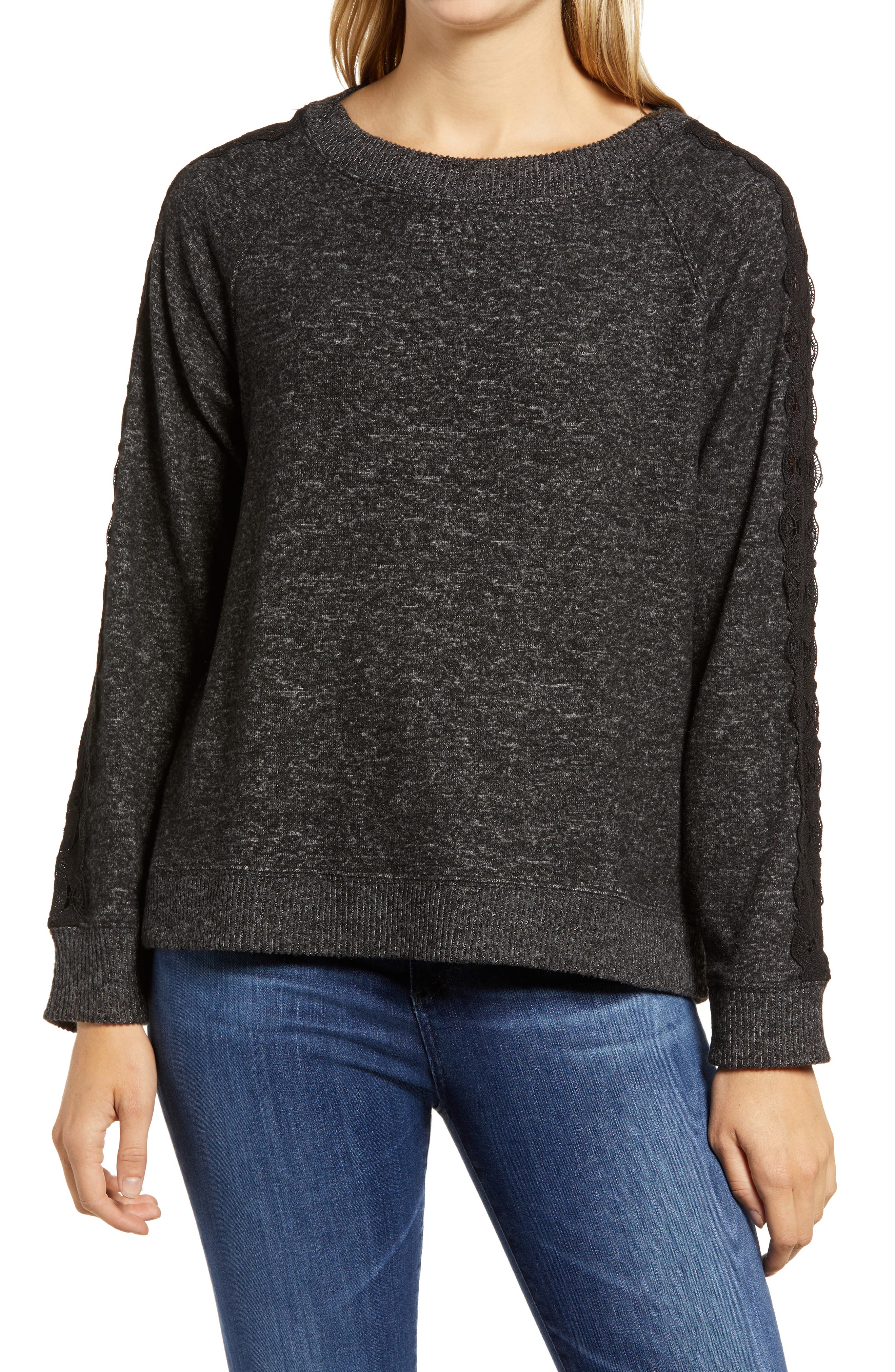 Wit \u0026 Wisdom Lace Inset Boat Neck Sweater in Heather Black