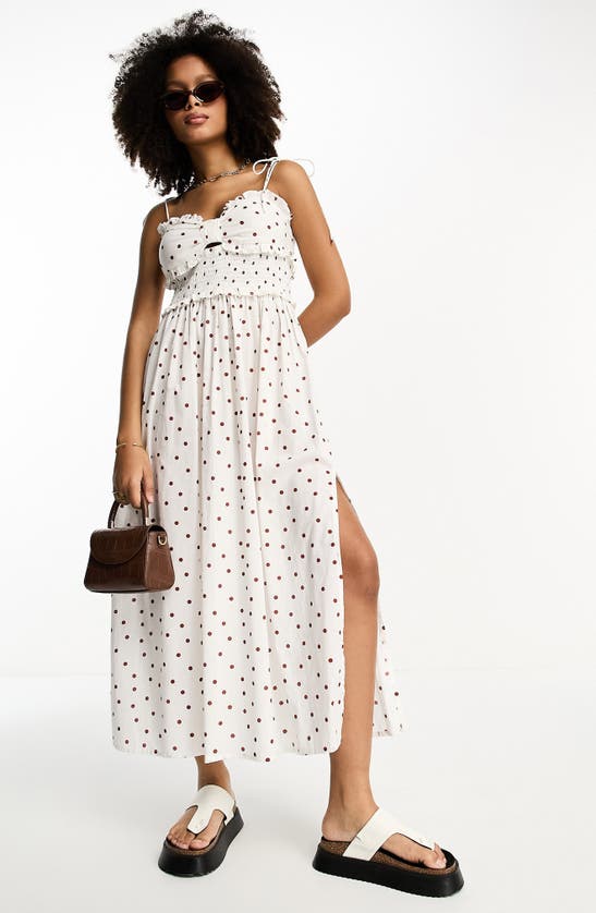 Asos Design Bow Bust Shirred Waist Midi Sundress In Brown Polka Dot-multi