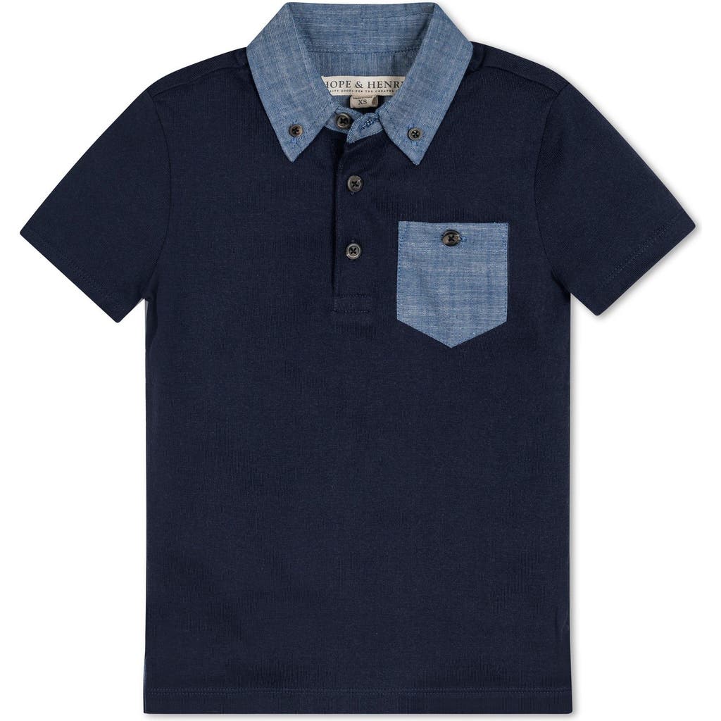 Hope & Henry Boys' Organic Short Sleeve Jersey Polo With Chambray Trim, Infant In Navy With Chambray Trim