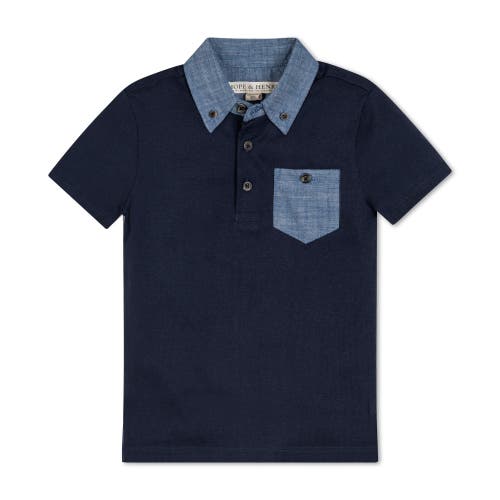 Hope & Henry Boys' Organic Short Sleeve Jersey Polo With Chambray Trim, Infant Navy Trim at Nordstrom,