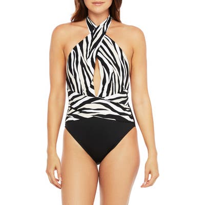 La Blanca Zebra Print Wrap Front One-Piece Swimsuit, Black