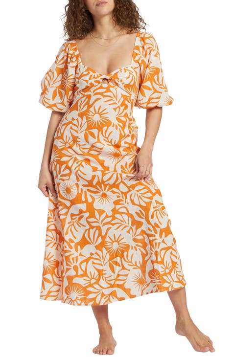 Lucky Brand midi/maxi dress sz L sand floral short sleeve casual vacation  resort