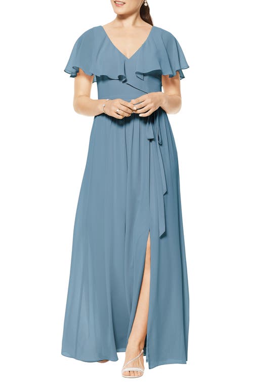#Levkoff Flutter Overlay Chiffon A-Line Gown in Slate