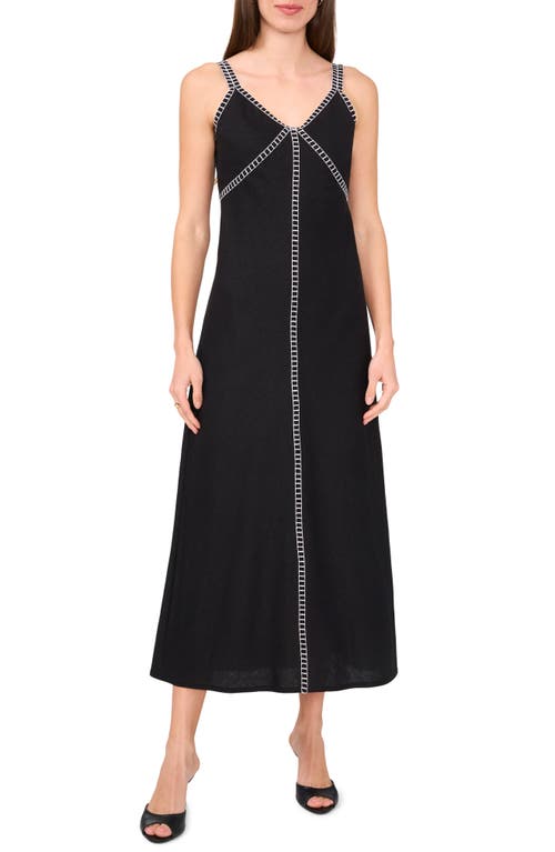 halogen(r) Rail Track Detail Linen Blend Midi Dress Rich Black at Nordstrom,