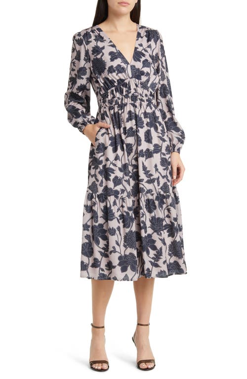 Amina Floral Print Long Sleeve Midi Dress in Grey-Multi