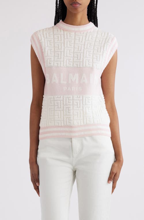 Balmain Monogram Sponge Knit Sleeveless Sweater In Gso White/ Pale Pink