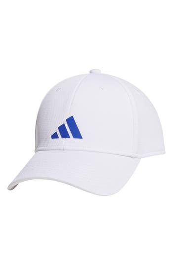 Shop Adidas Originals Adidas Pregame Stretch Tripe Stripe Snapback Cap In White/semi Lucid Blue
