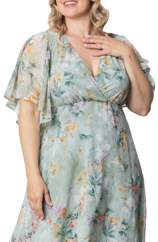 Shop Kiyonna Florence Flutter Sleeve Dress In Sage Floral Print