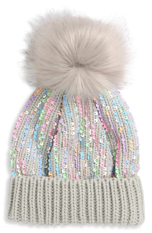 Ruby & Ry Kids' Sequin Faux Fur Pom Beanie in Silver 