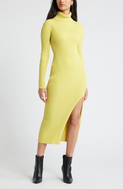 Shop Open Edit Rib Long Sleeve Turtleneck Sweater Dress In Yellow Celery