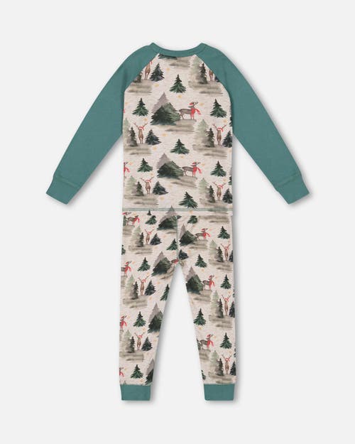 Shop Deux Par Deux Little Boy's Organic Cotton Two Piece Pajama Set Gray Mix And Green Printed Reindeer In Printed Christmas Deer