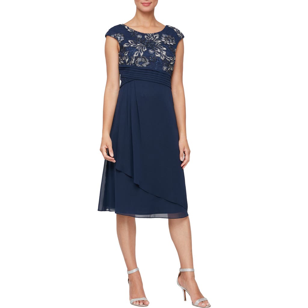 Alex Evenings Embroidered Bodice A-line Cocktail Dress In Navy/silver