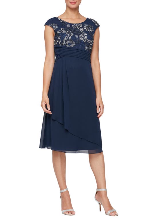 Alex Evenings Embroidered Bodice A-Line Cocktail Dress Navy/Silver at Nordstrom,