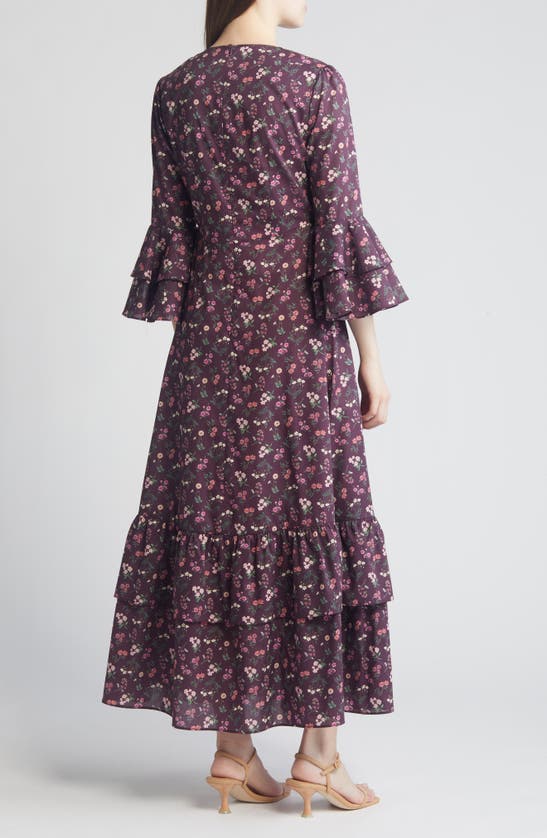 Shop Liberty London Gala Floral Tiered Cotton Maxi Dress In Aubergine