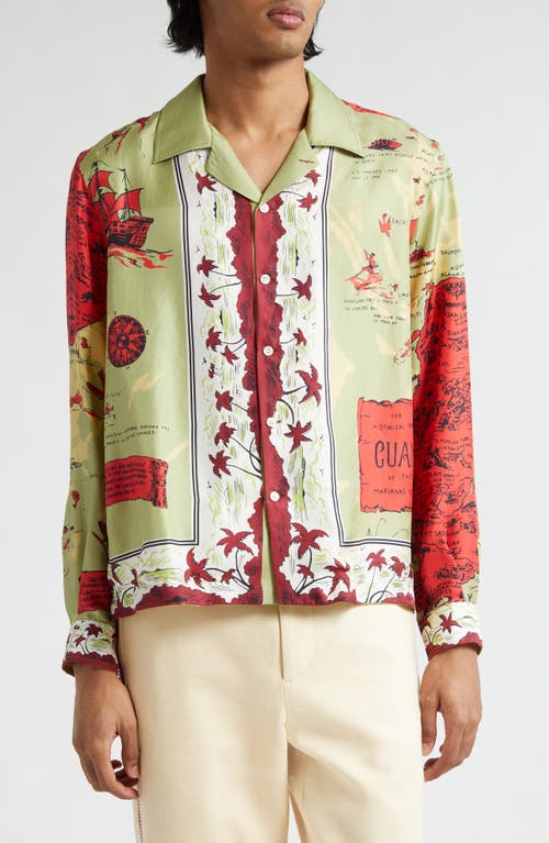 Bode Guam Print Long Sleeve Silk Button-Up Shirt Green Red at Nordstrom,