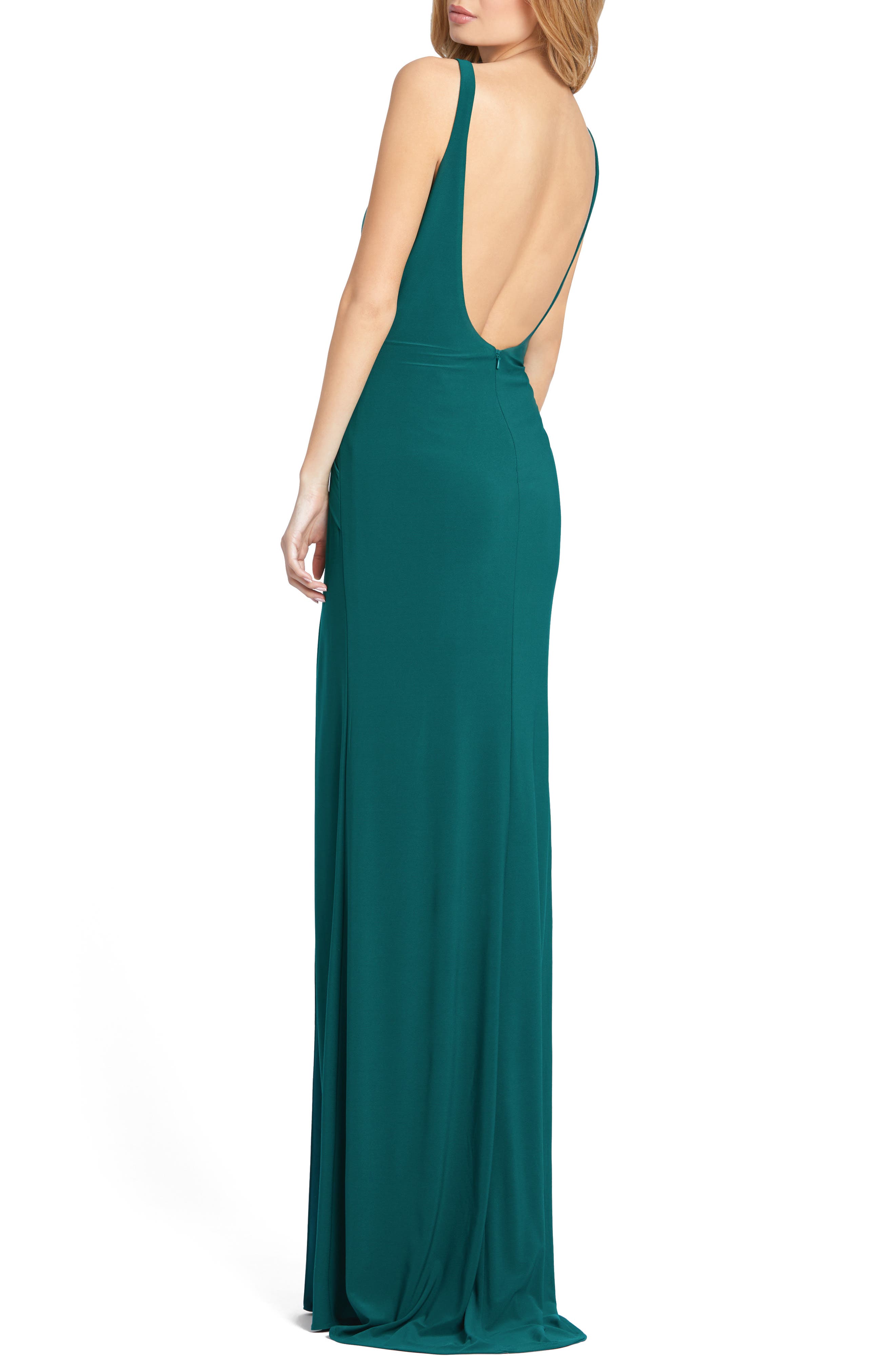mac duggal ruched waist column gown