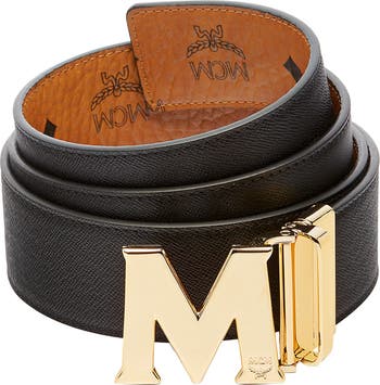 MCM Women's Blue & Gold Leather 'M' Buckle Belt Fit All Sizes