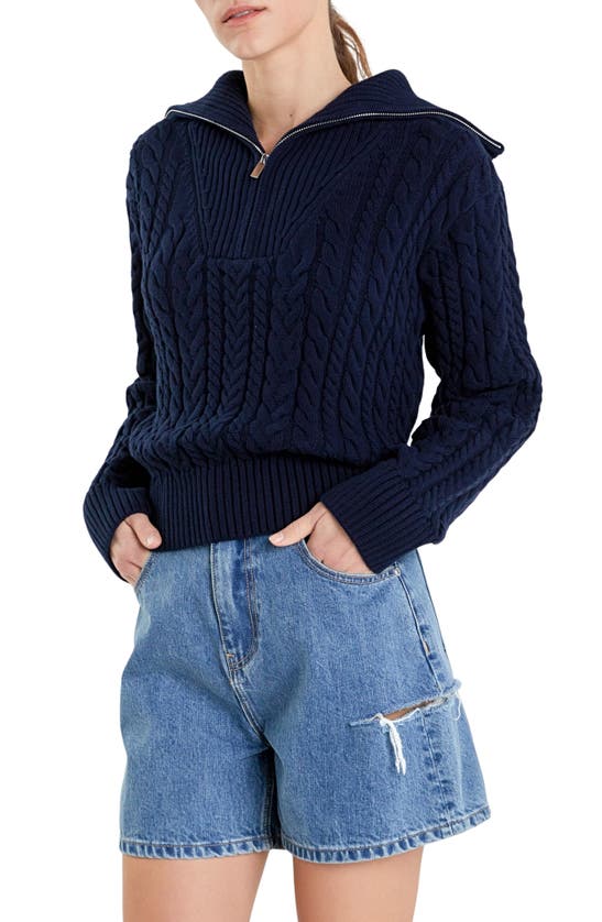 Shop English Factory Quarter Zip Cable Knit Cotton Sweater In Navy