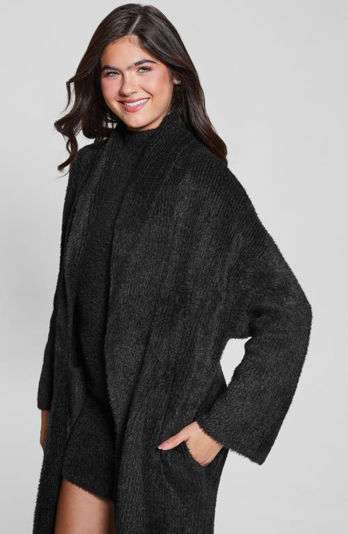 Guess Vero Fuzzy Shawl Collar Longline Cardigan In Jet Black