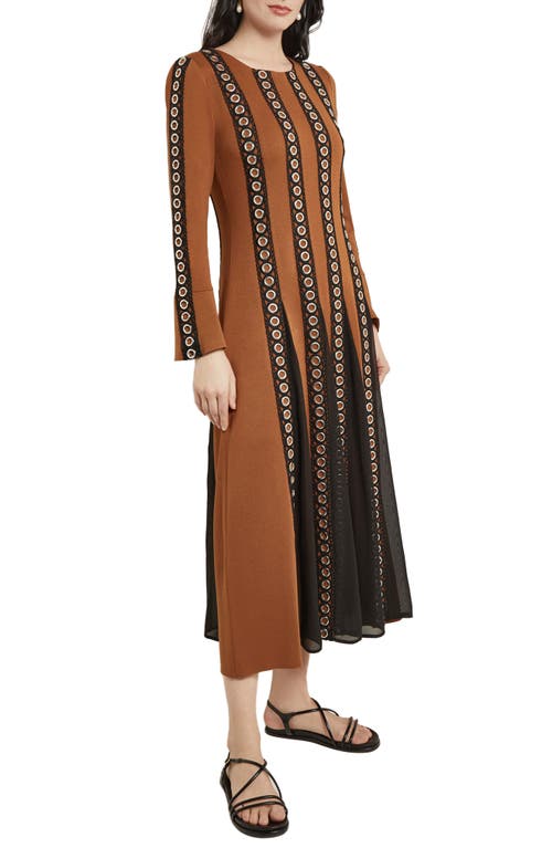 Shop Misook Sheer Panel Long Sleeve Midi Dress In Copper/black