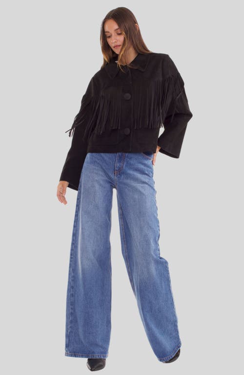 Cynthia Rowley Cropped Fringe Suede Jacket In Black