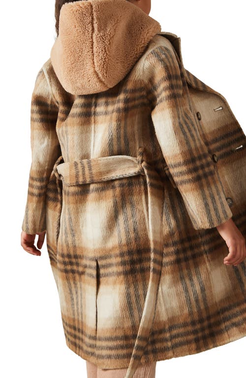 Shop Reiss Kids' Maeve Plaid Belted Wool Blend Coat In Brown