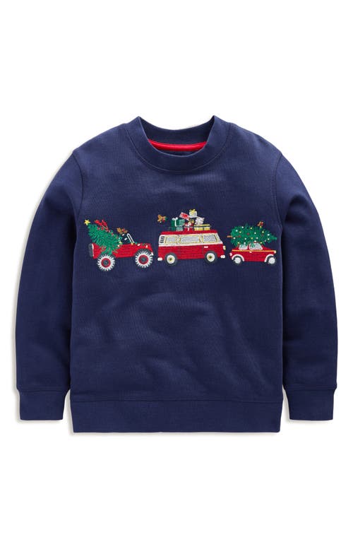 Mini Boden Kids' Superstitch Festive Cotton Blend Sweatshirt in College Navy 