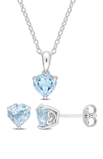 Delmar Sky Blue Topaz Heart Stud Earrings & Pendant Necklace Set In Blue