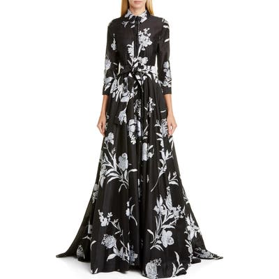 Carolina Herrera Embroidered Floral Belted Trench Gown, Black