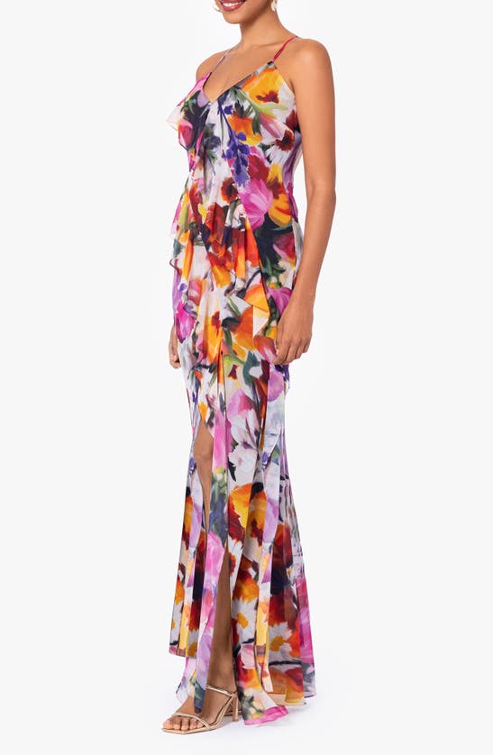 Shop Betsy & Adam Floral Print Ruffle Maxi Dress In Multi Pink Floral