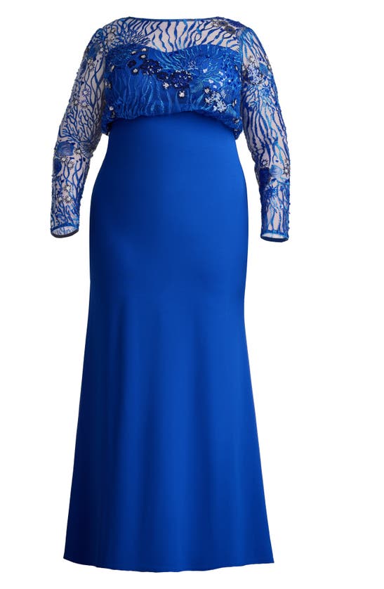 Shop Tadashi Shoji Sequin Blouson Bodice Long Sleeve Gown In Mystic Blue