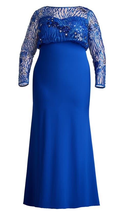 Tadashi Shoji Sequin Blouson Bodice Long Sleeve Gown In Mystic Blue