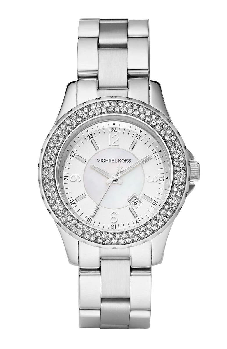 MICHAEL MICHAEL KORS Michael Kors 'Mini Madison' Twin Row Crystal Watch, 33mm, Main, color, SILVER