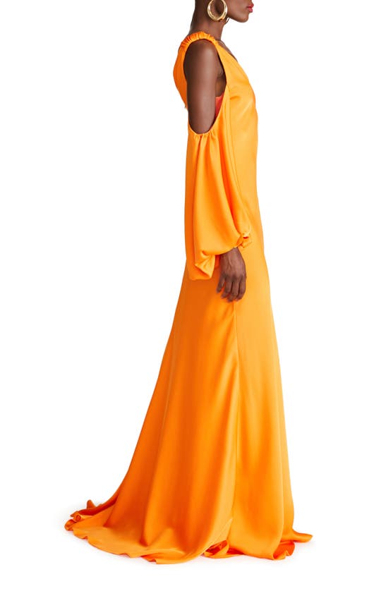 Shop Halston Binnie Cold Shoulder Long Sleeve Satin Gown In Tangerine
