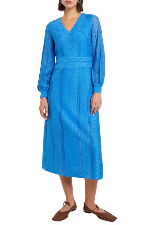 Open Stitch Long Sleeve Sweater Dress in Adriatic Blue