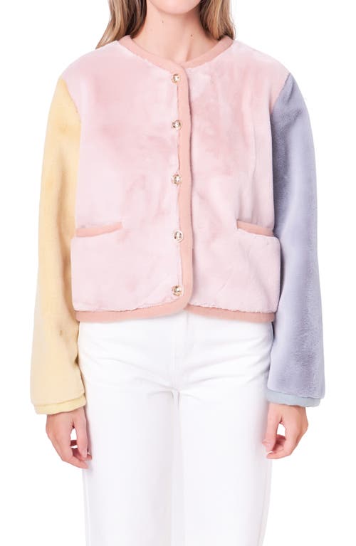 English Factory Colorblock Faux Fur Jacket Pink Multi at Nordstrom,