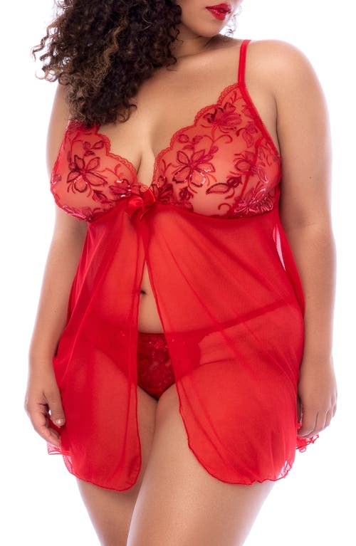 Mapale Sequin Lace Split Babydoll Chemise in Red 