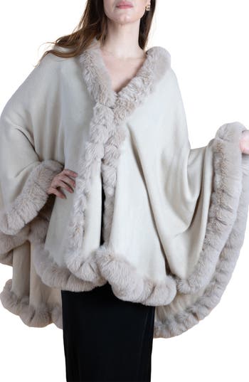 Saachi Faux Fur Trim Cape In Ivory