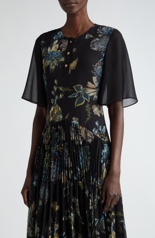 Shop Jason Wu Collection Floral Forest Pleated Drop Waist Midi Dress In Black/multi