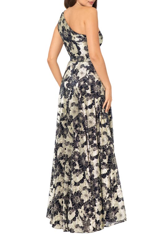 Shop Betsy & Adam Metallic Floral One-shoulder Sheath Gown In Navy/gold