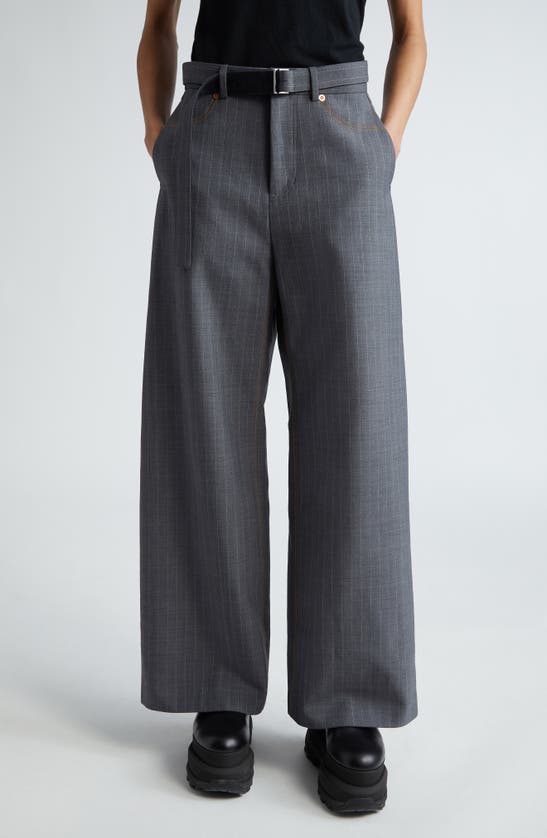 Sacai Pinstripe Belted Trousers In Gray