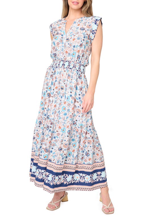 Gibsonlook Bohemian Floral Smocked Waist Dress In Blue
