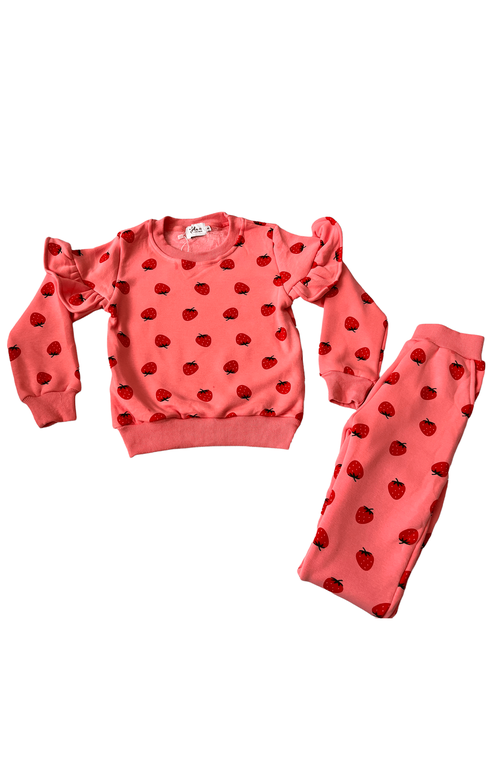 Lola + The Boys Girl's Strawberry-print Ruffle Two-piece Set In Pink