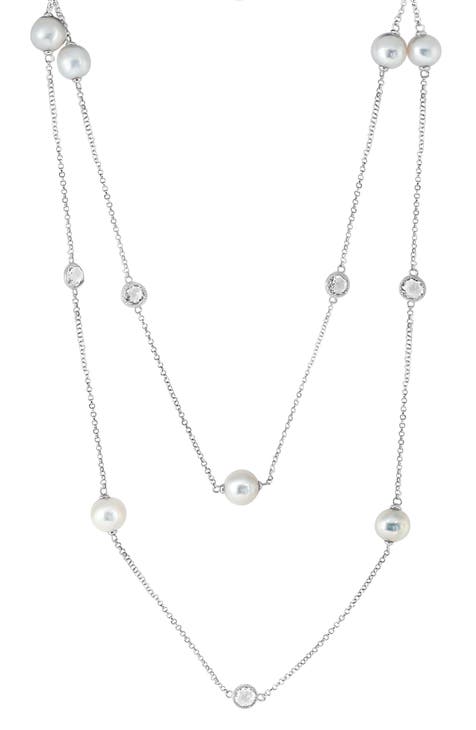 Sterling Silver White Topaz & Freshwater Pearl Station Long Necklace