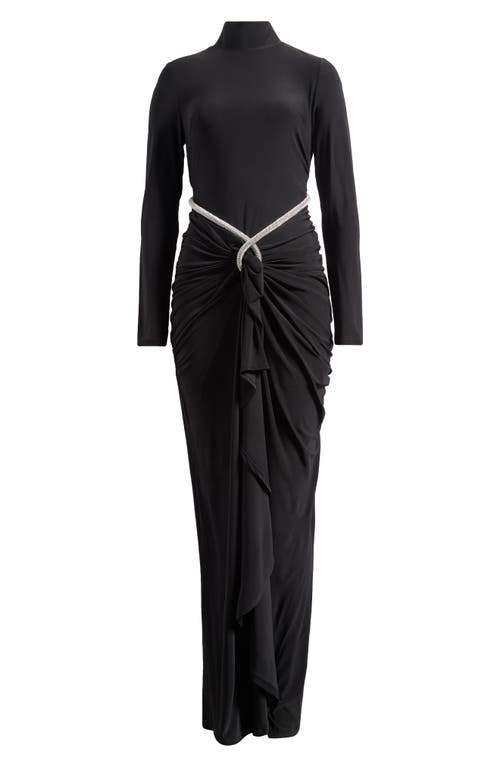 Jewel Badgley Mischka Mock Neck Long Sleeve Belted Dress In Black