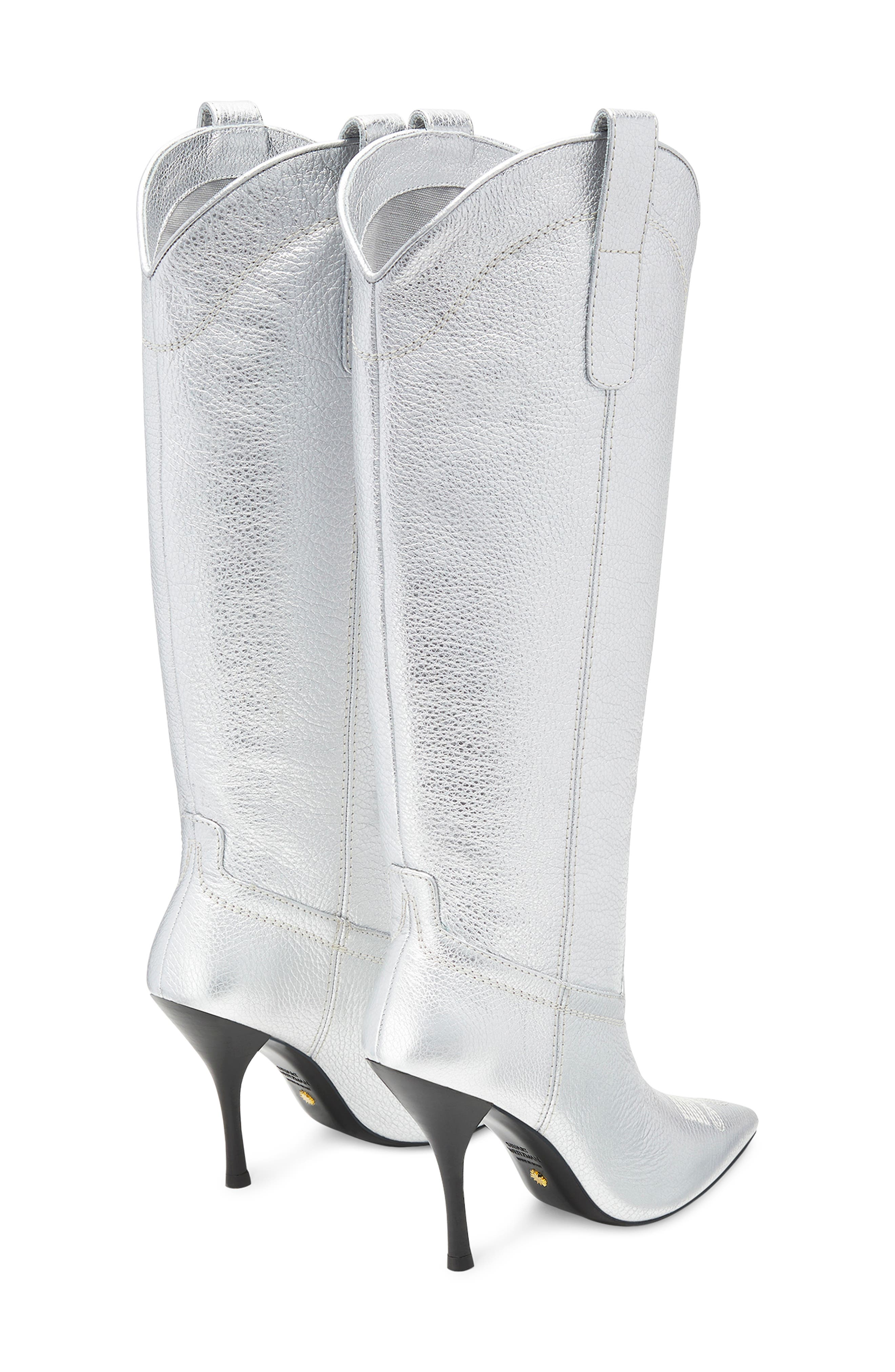 Stuart Weitzman Outwest Knee High Pointed Toe Boot in Silver