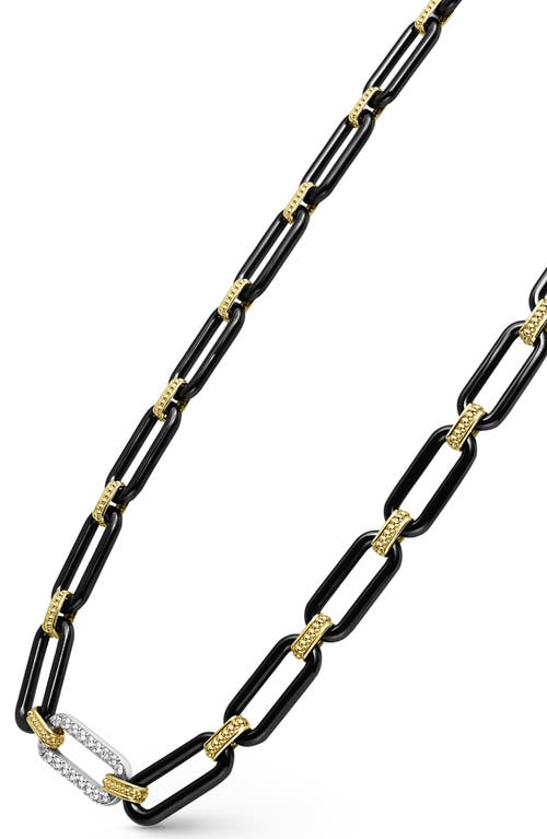 Lagos 18k Yellow & White Gold Signature Caviar Diamond & Black Ceramic Station Link Necklace, 18 In Black