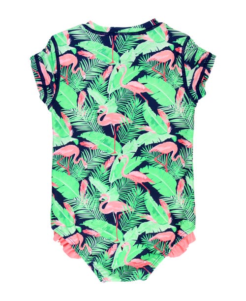 Shop Rufflebutts Girls Short Sleeve Upf50+ One Piece Rash Guard In Flamingo Frenzy