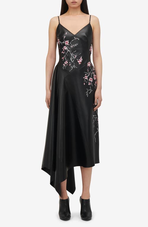 Shop Alexander Mcqueen Cherry Blossom Embroidered Asymmetric Leather Dress In Black/pink/ivory