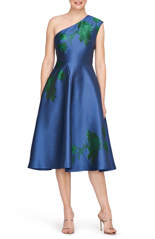Leai Floral One-Shoulder A-Line Midi Dress in Denim